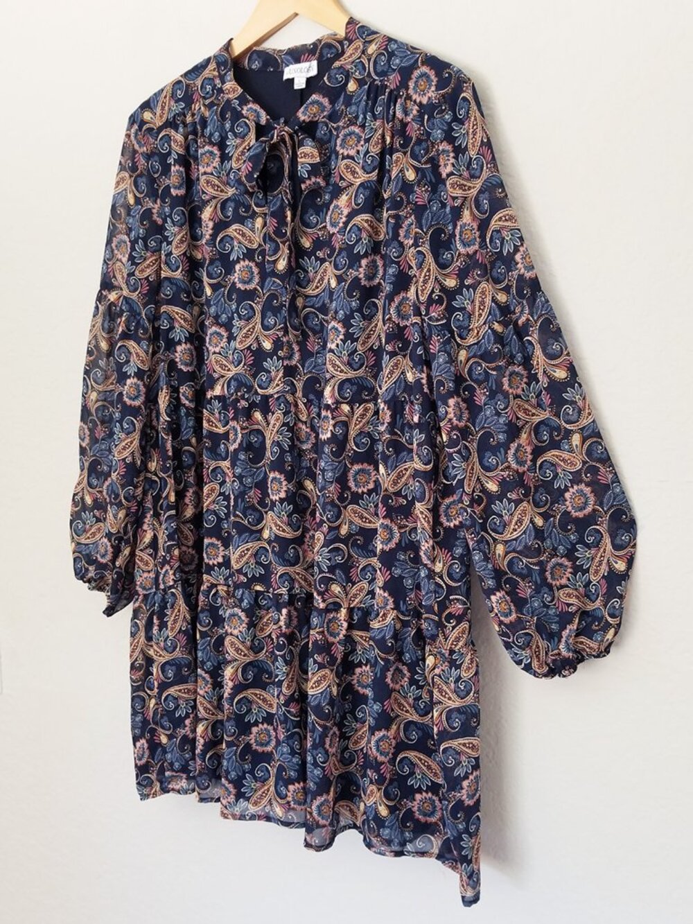 Luxology Navy Blue Paisley Tie-Neck Long-Sleeve Babydoll Mini Dress L Boho $73